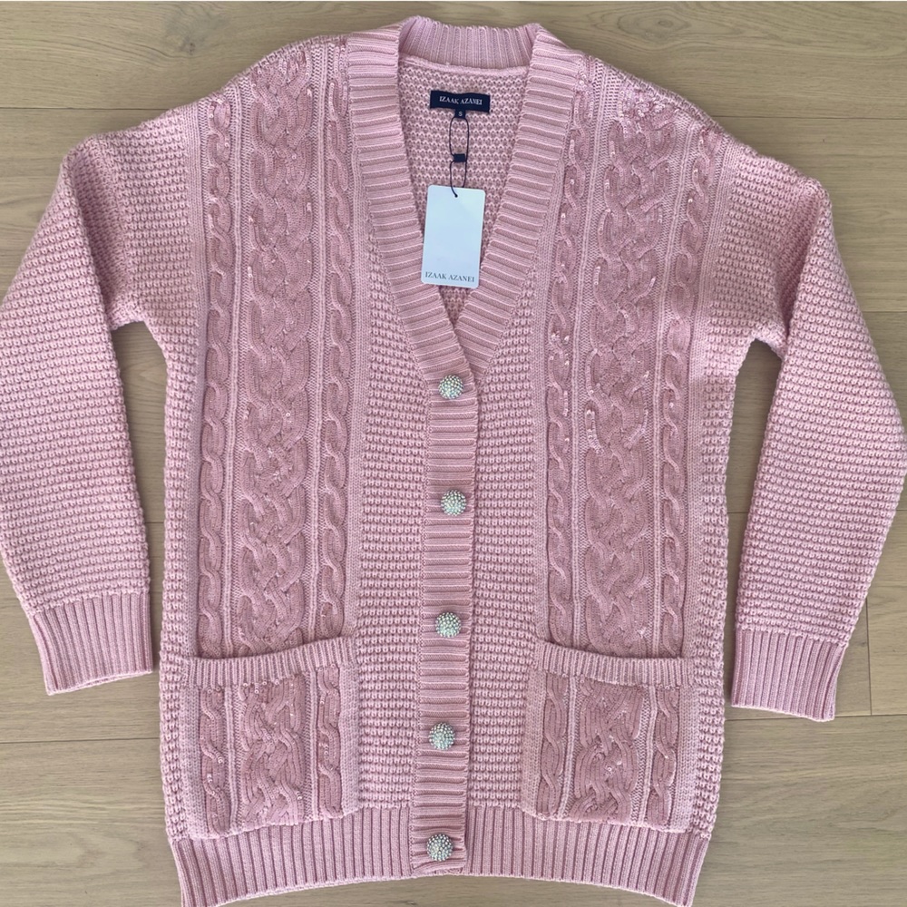 IZAAK AZANEI Pink Sequin Embellished Cable Knit Cardigan